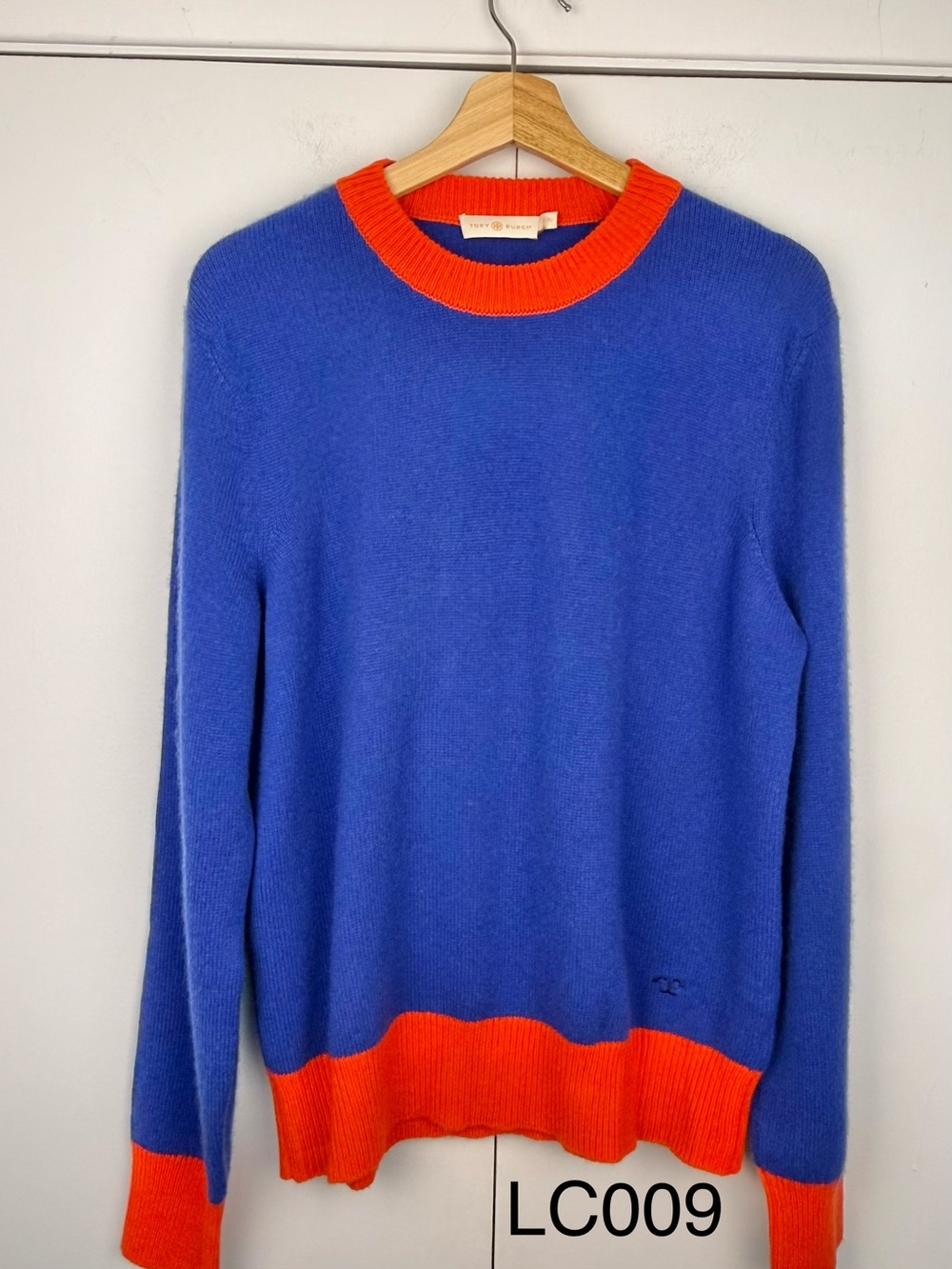 Tory Burch Holiday 2019 Color Block 100% Cashmere Sweater Blue Orange XL